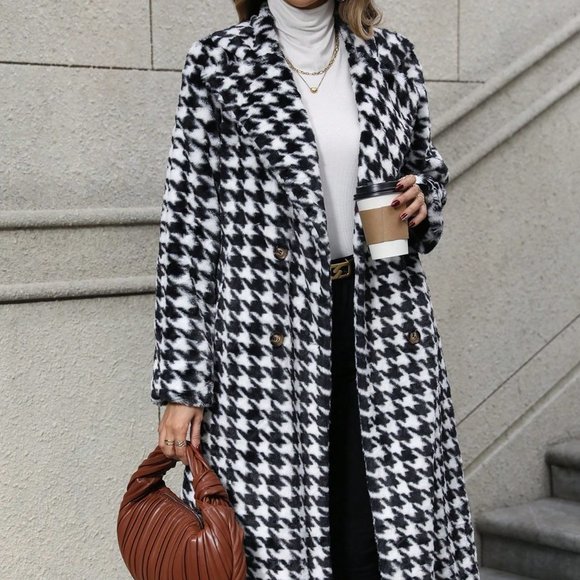 . Jackets & Blazers - Black & White Preppy womens Houndstooth Print Double Breasted Lapel Neck Coat